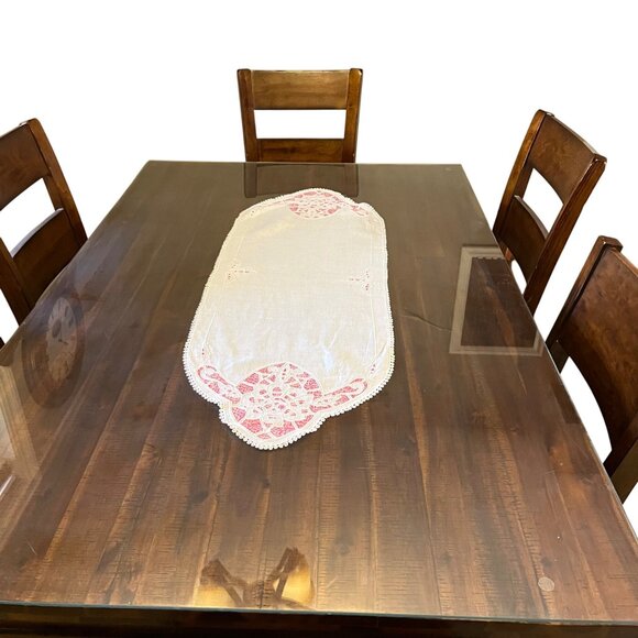 Vintage Linen Table Runner Cream Pink Cutwork Embroidered Floral Lace 45” Used - Picture 2 of 16